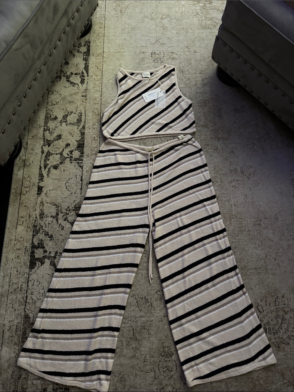 Zulu & Zephyr Cream and Black Striped Knit Crop Tank and Drawstring Pant
